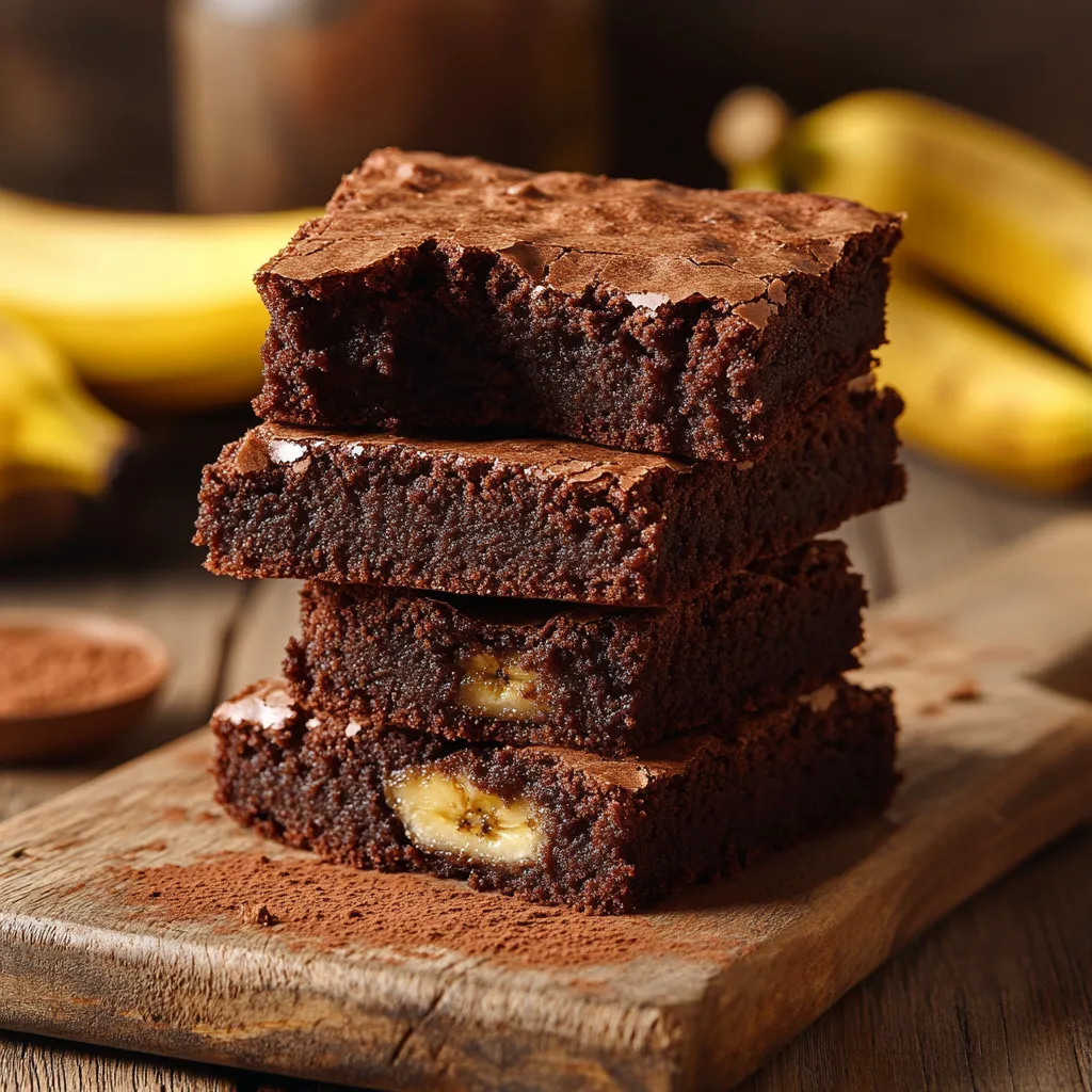A stack of fudgy banana brownies with a rich chocolatey texture.