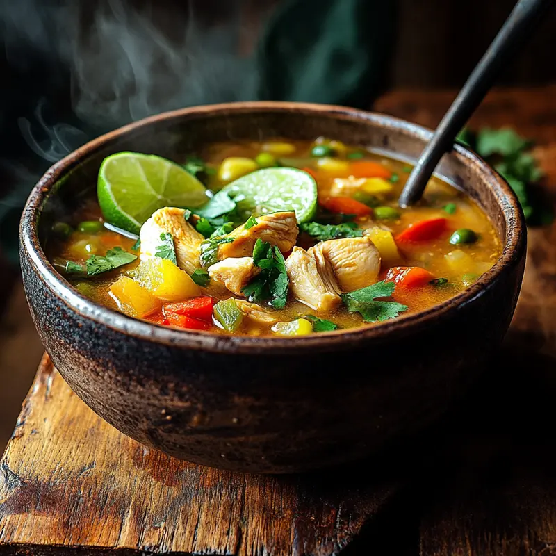 Bowl of caldo de pollo with vegetables and lime