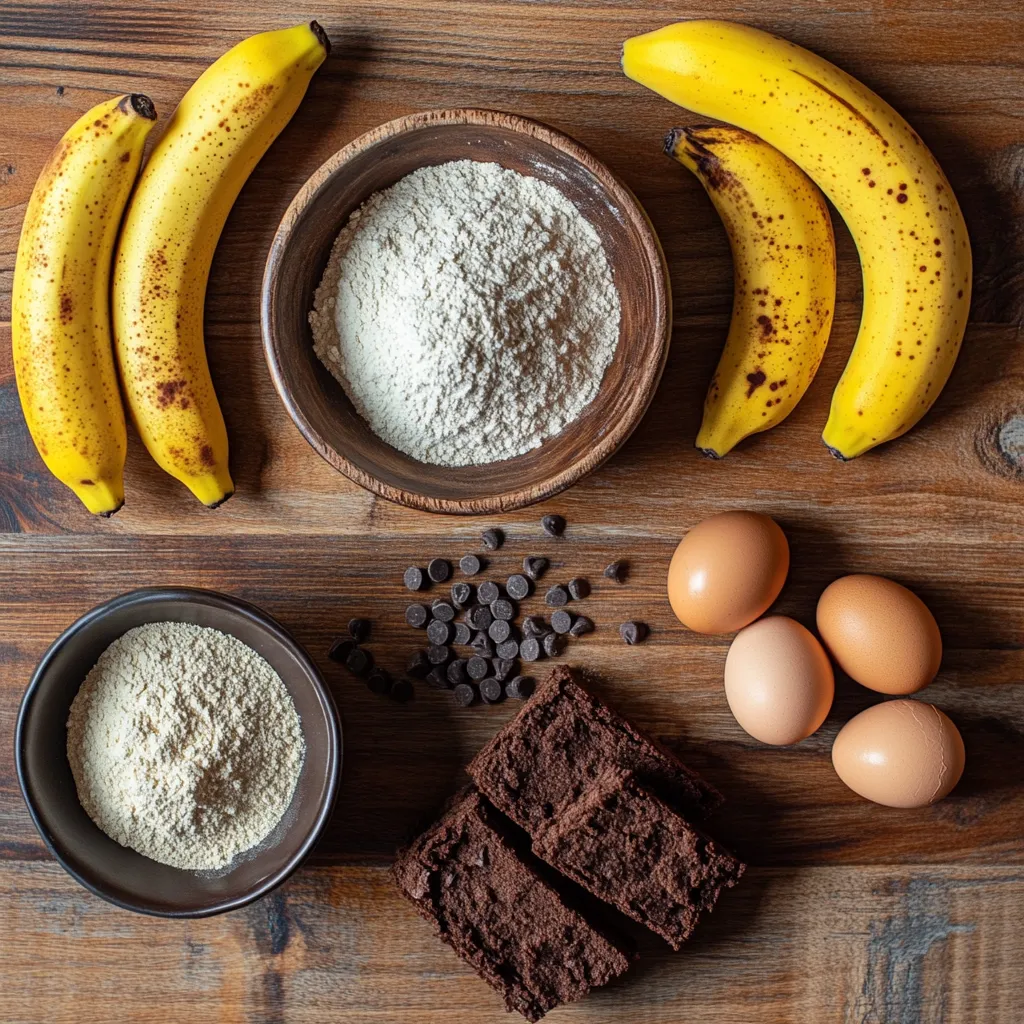 Ingredients for banana brownies arranged on a wooden counter.