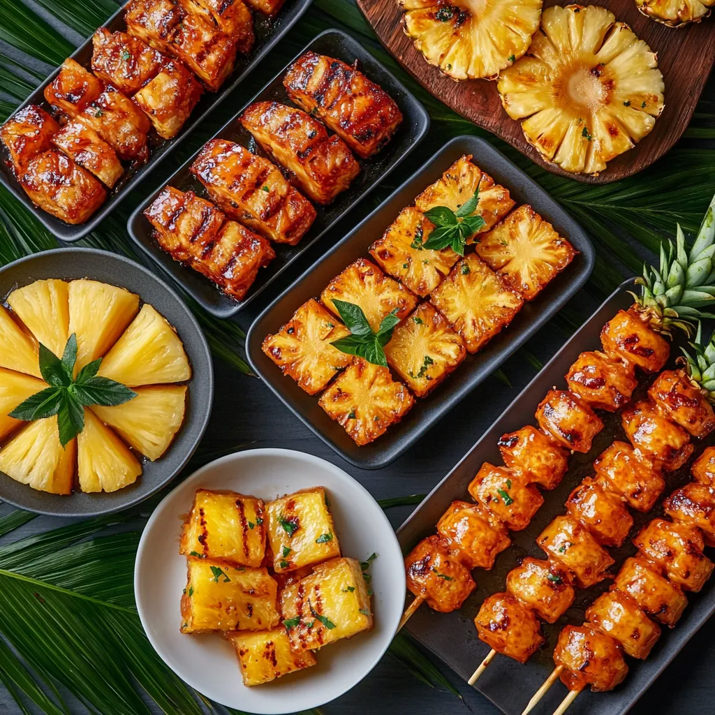 Various cooked pineapple dishes displayed on a table