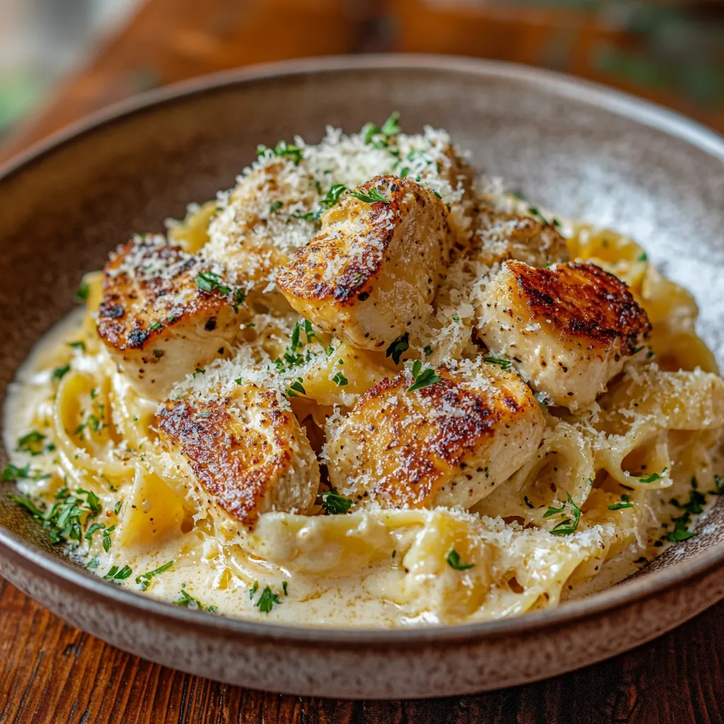 Chicken carbonara served on a rustic plate with creamy sauce.