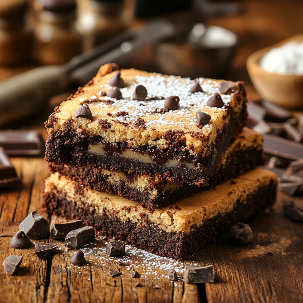 Close-up of a freshly baked brookie with a layered brownie base and golden cookie top.