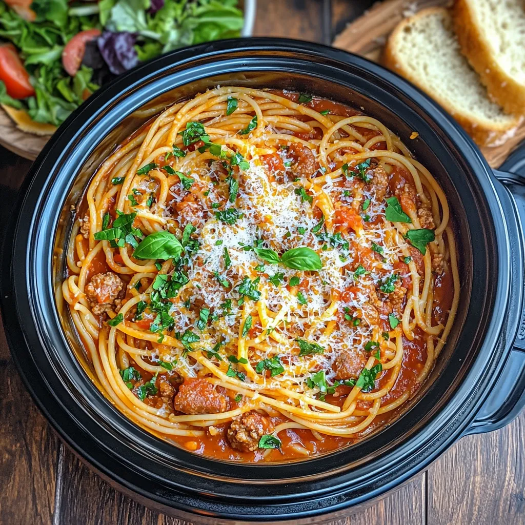 Crockpot spaghetti with tomato sauce, sausage, and Parmesan in a slow cooker.