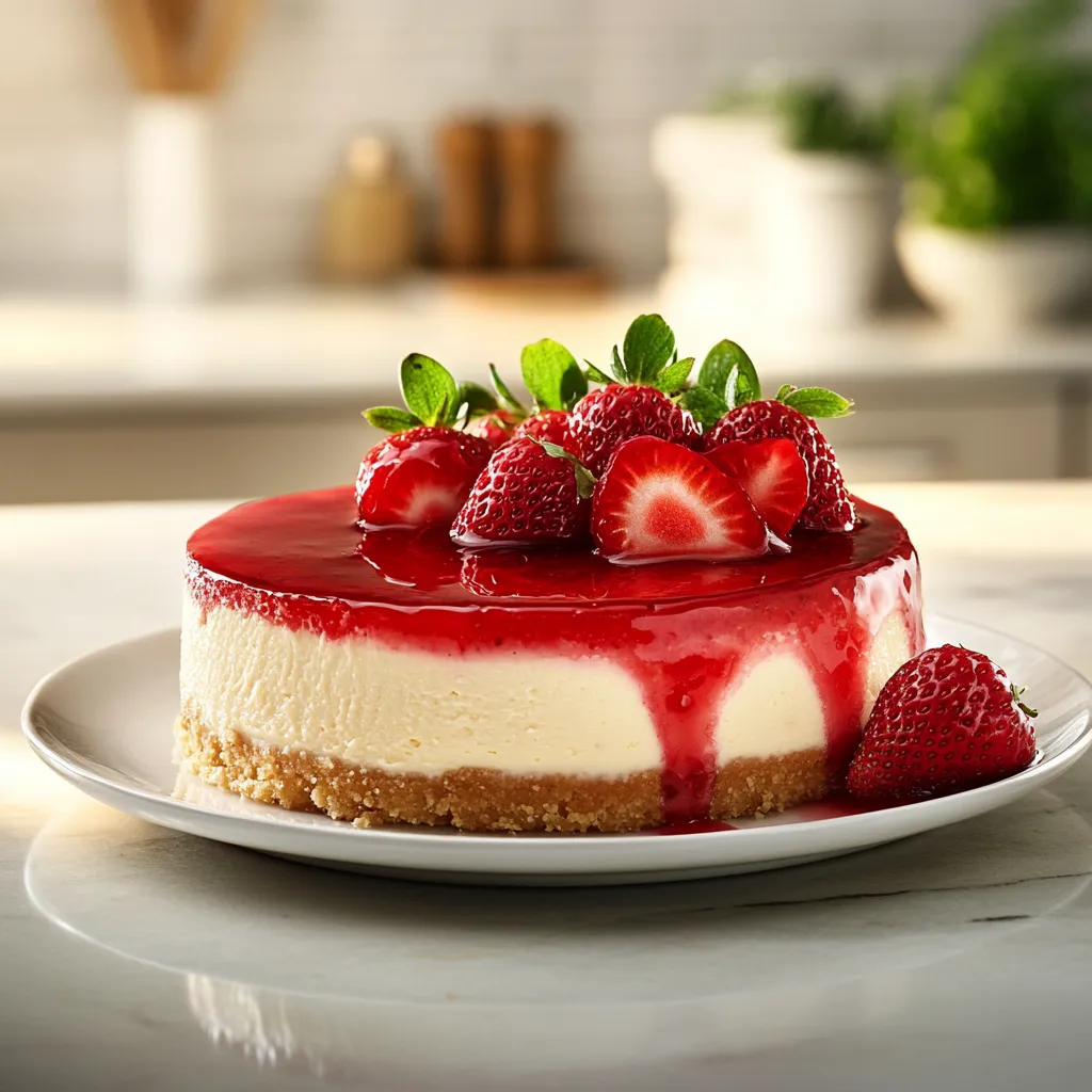 Whole strawberry cheesecake garnished with fresh strawberries.