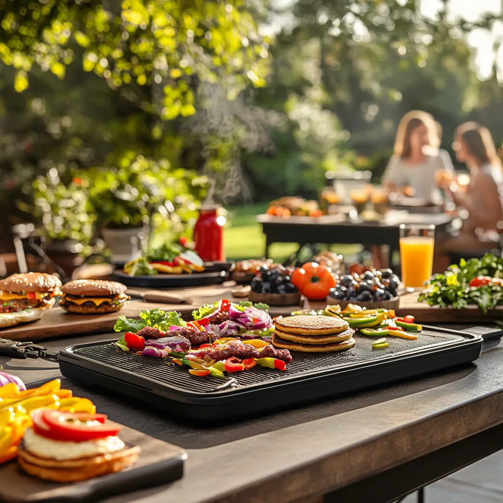Blackstone griddle with sizzling food and outdoor setup