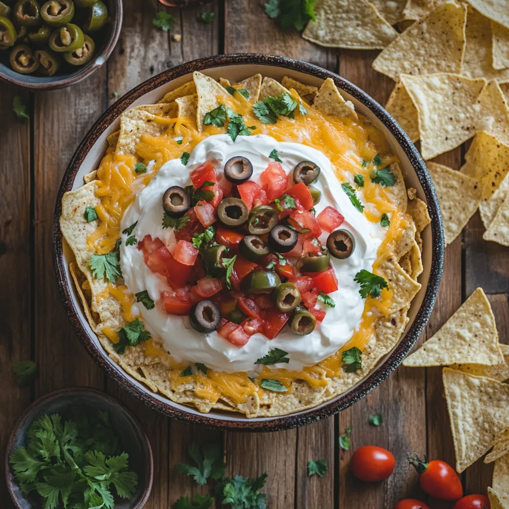 Top-down view of a colorful taco dip with tortilla chips