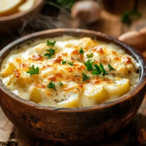 A steaming bowl of crockpot cheesy potatoes with melted cheese.