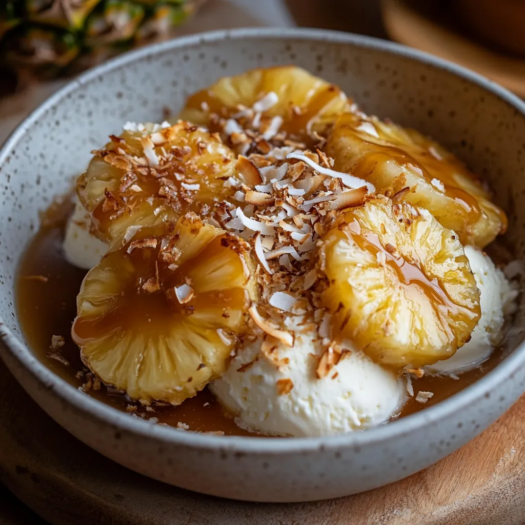 Pineapple sundae with caramelized pineapple slices and ice cream