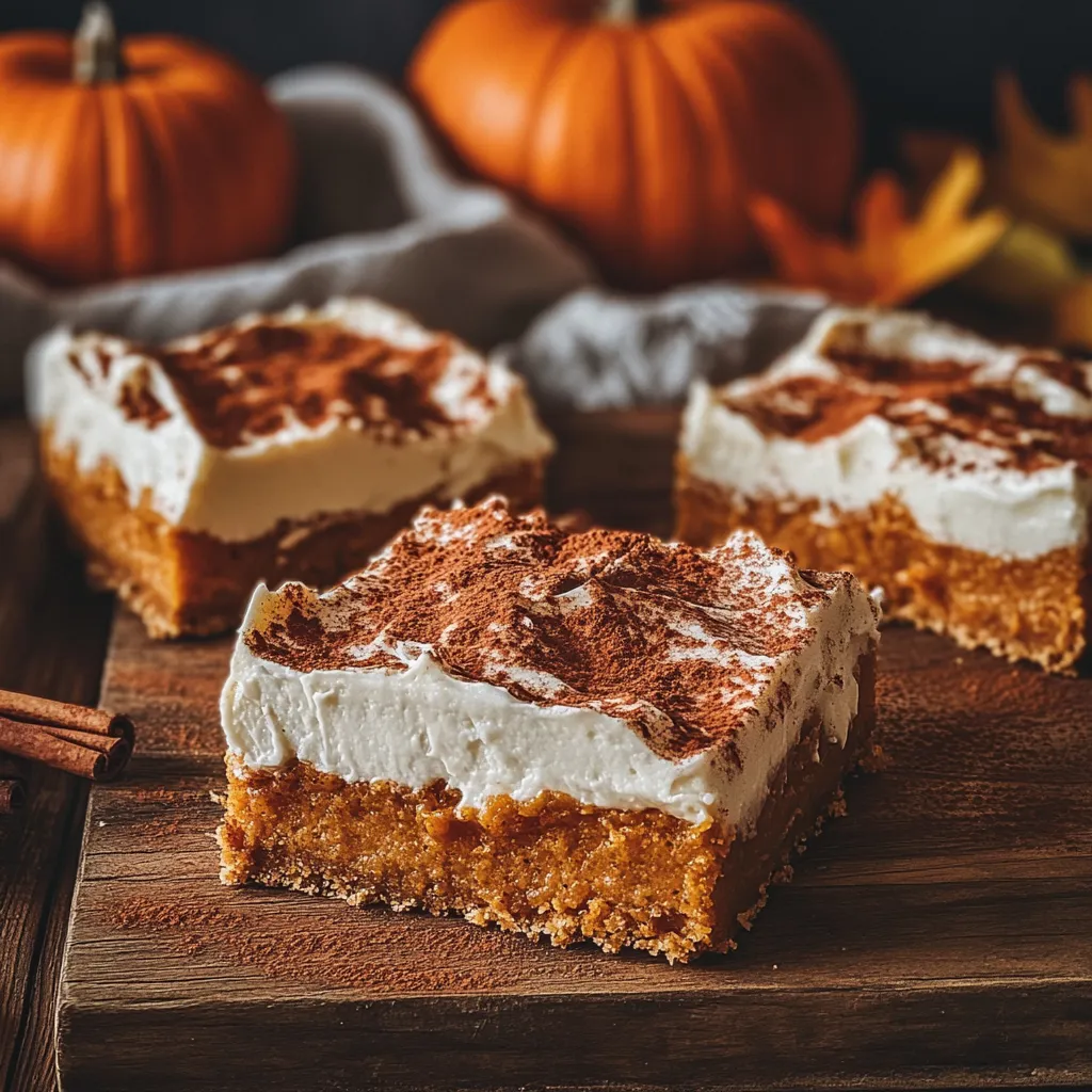 Freshly baked pumpkin bars topped with cream cheese frosting and cinnamon