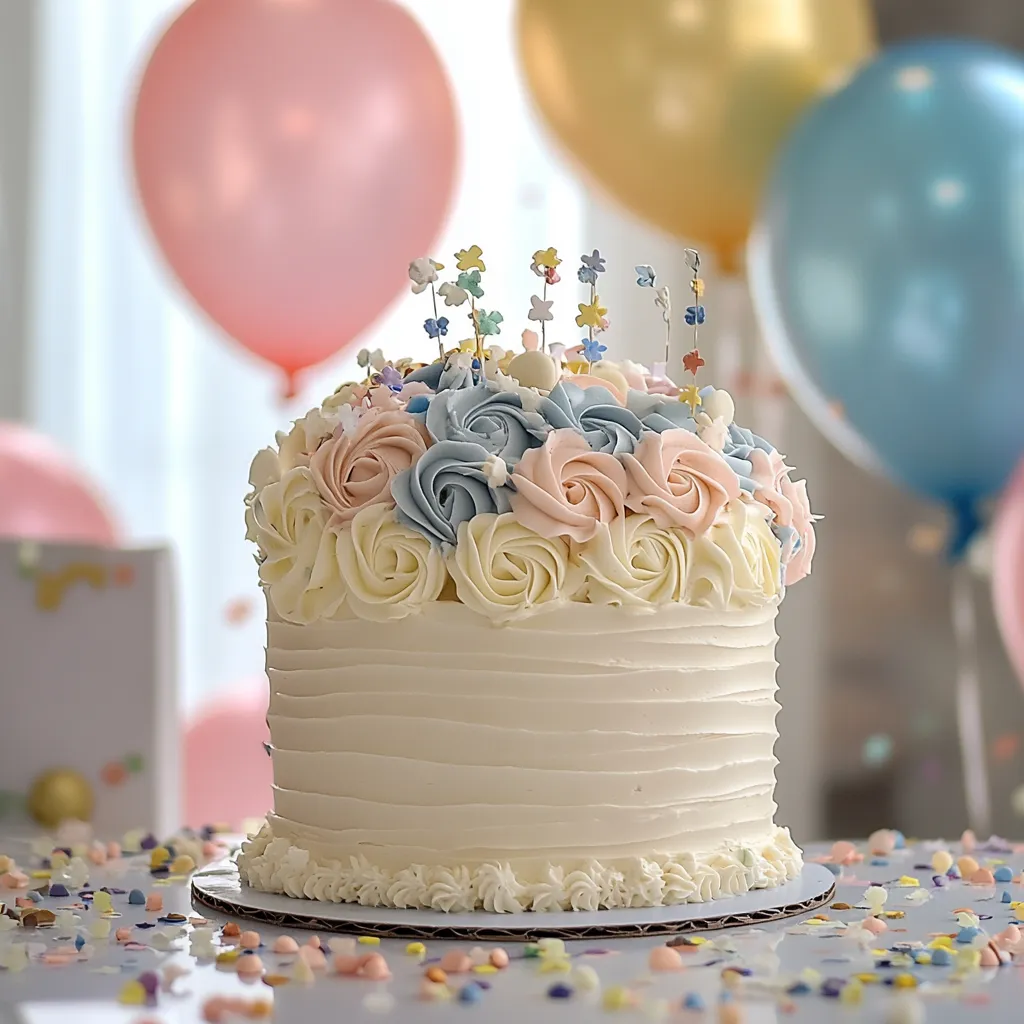 Elegant gender reveal cake with pastel decorations