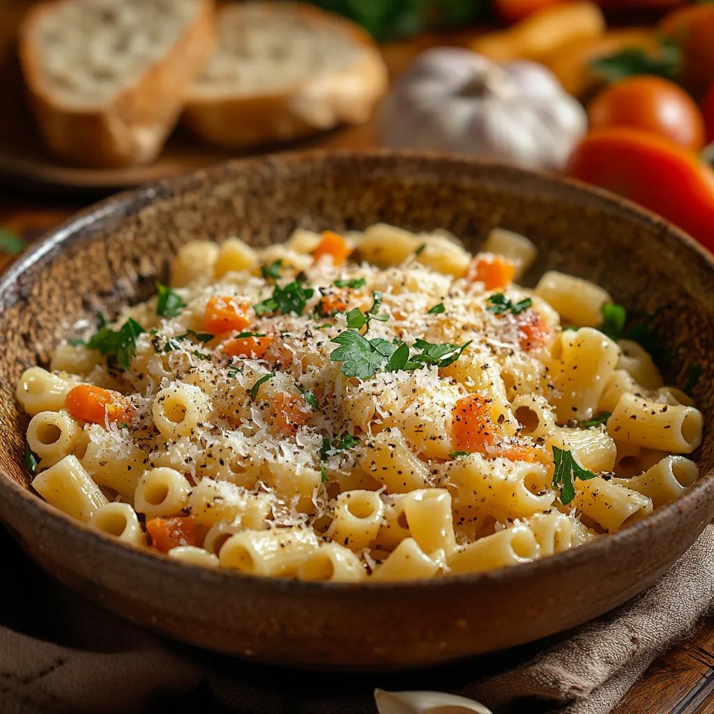 Ditalini pasta served in a rustic bowl with Parmesan and herbs