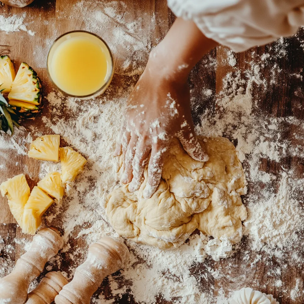 Kneading dough with pineapple juice in a rustic kitchen