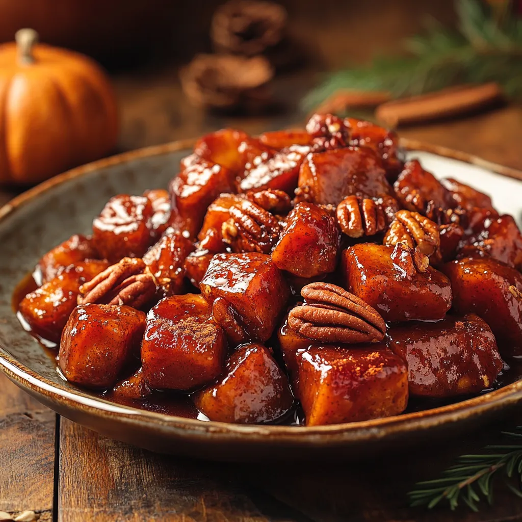 A plate of caramelized candied yams with a golden syrup glaze