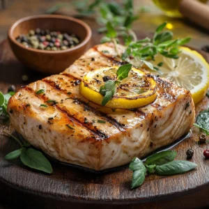 Grilled swordfish steak with lemon and herbs.