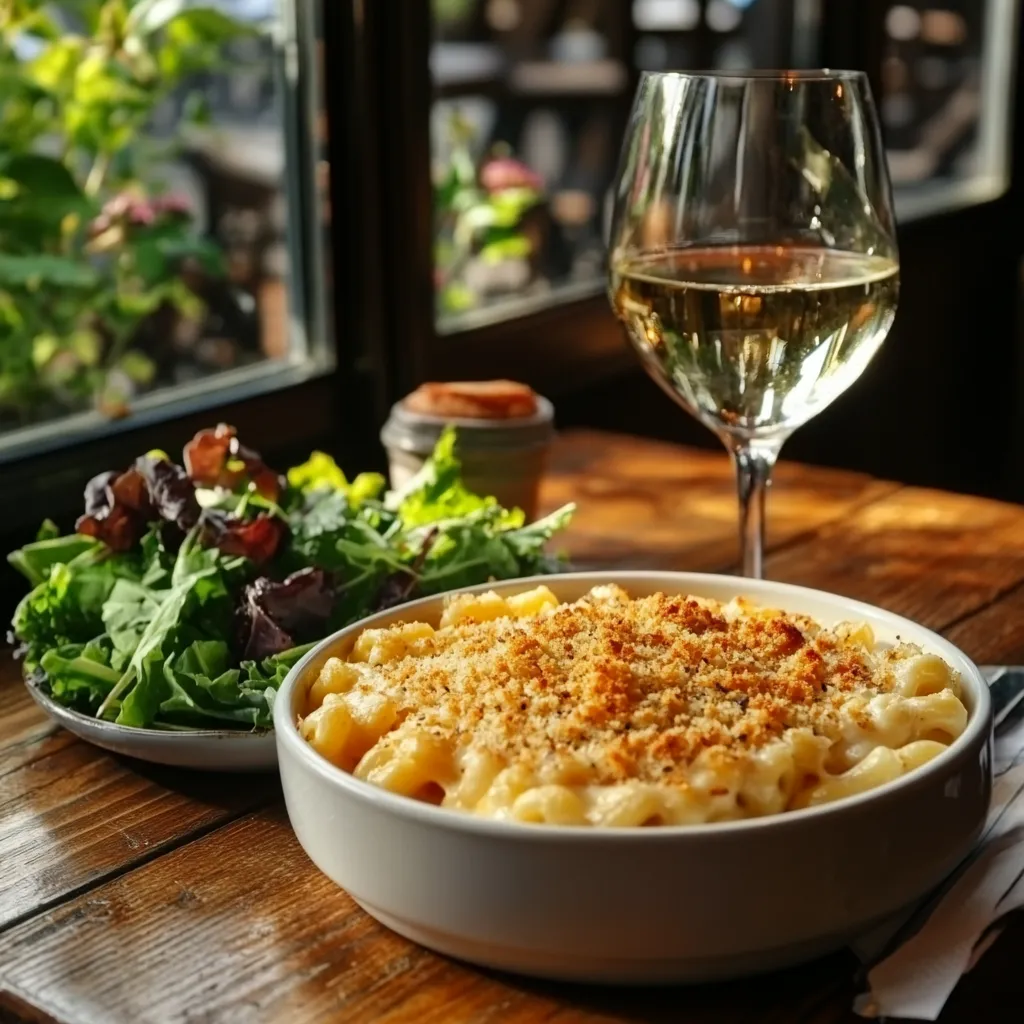 Served mac and cheese with fresh salad and white wine.