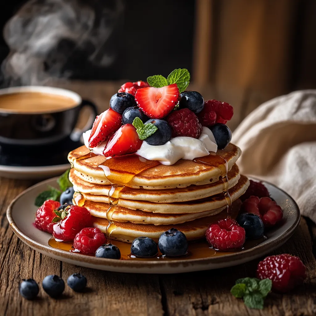 Bisquick pancakes with berries, whipped cream, and honey.