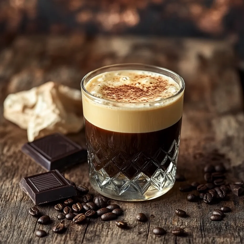 Traditional Carajillo cocktail served with coffee beans and chocolate