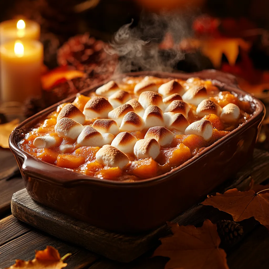 A casserole dish of baked candied yams topped with marshmallows