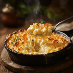 Gooey baked mac and cheese with a golden crispy top