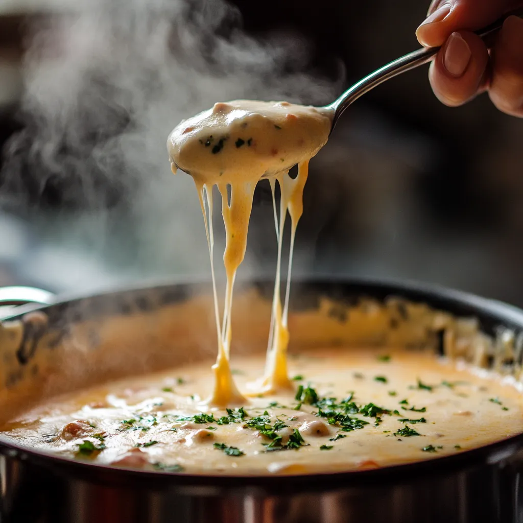 A hand stirring a pot of creamy Rotel dip