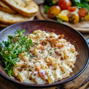 Rasta pasta served with garlic bread and a fresh green salad
