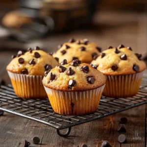 Freshly baked chocolate chip muffins cooling on a wire rack.
