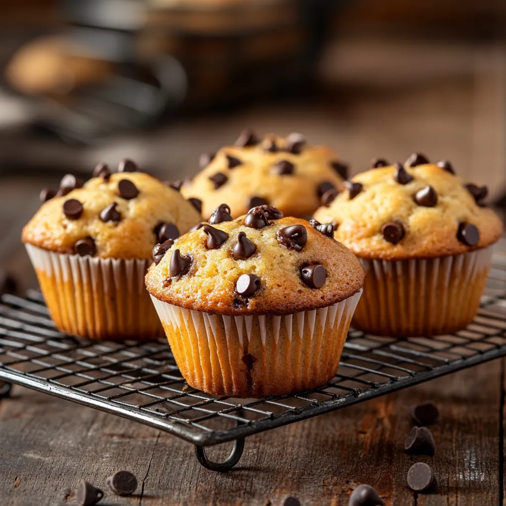 Freshly baked chocolate chip muffins cooling on a wire rack.