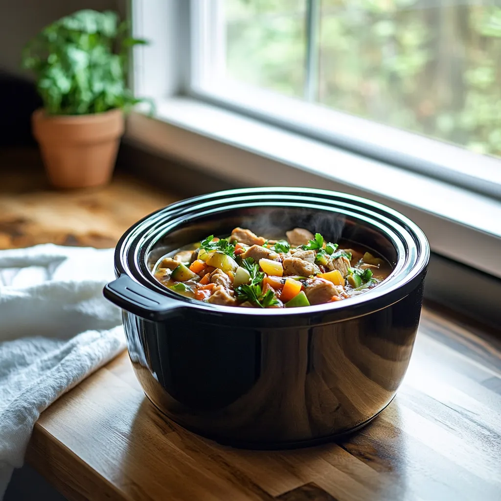 Healthy crockpot meal in a cozy kitchen setting