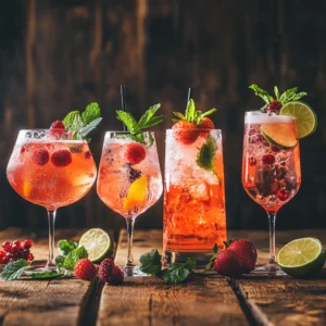 Different variations of the Hugo Spritz cocktail, including strawberry and gin-infused versions