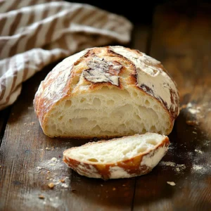 Rustic Italian bread with a golden-brown crust on a wooden table.