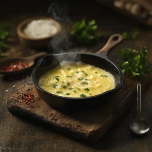 Skillet of melted cowboy butter with fresh herbs and garlic.