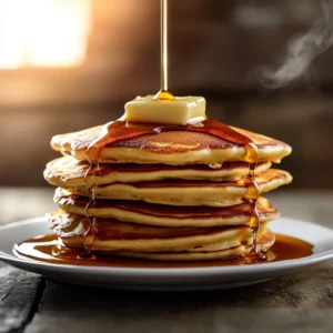 Stack of fluffy Bisquick pancakes with syrup and butter.