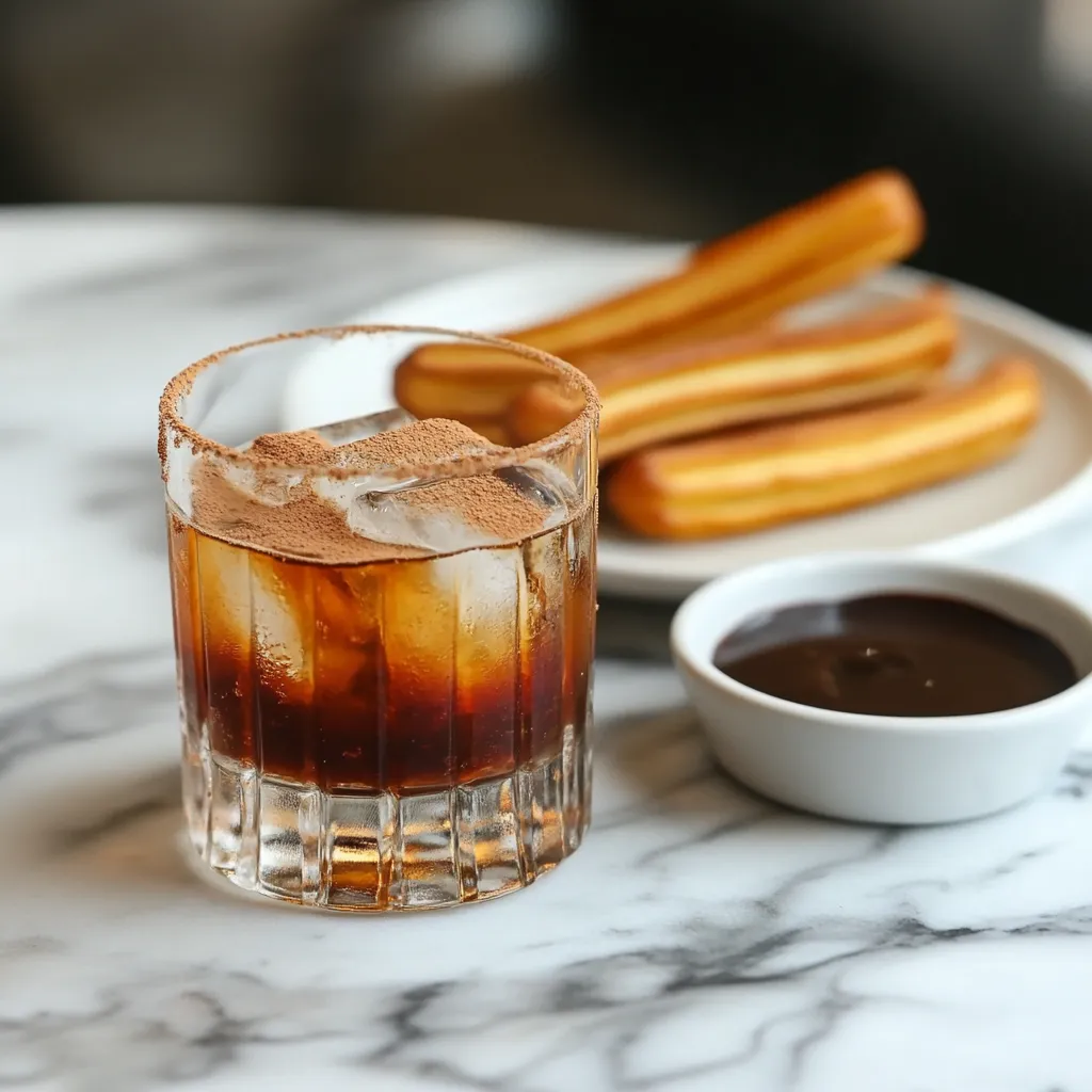 Iced Carajillo served with churros and chocolate
