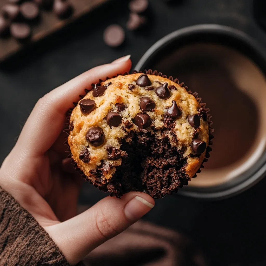 chocolate chip muffin being broken apart, showing a moist and fluffy texture