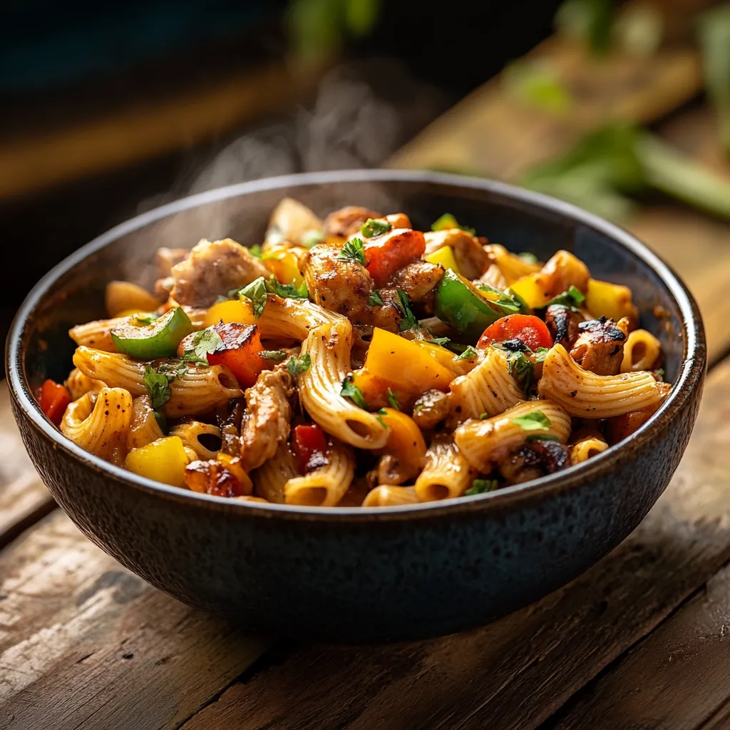 Creamy rasta pasta with jerk chicken and colorful bell peppers