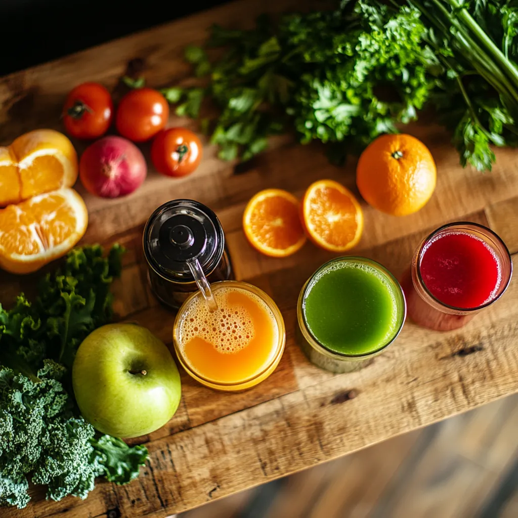 Fresh juices with fruits and vegetables on a wooden counter
