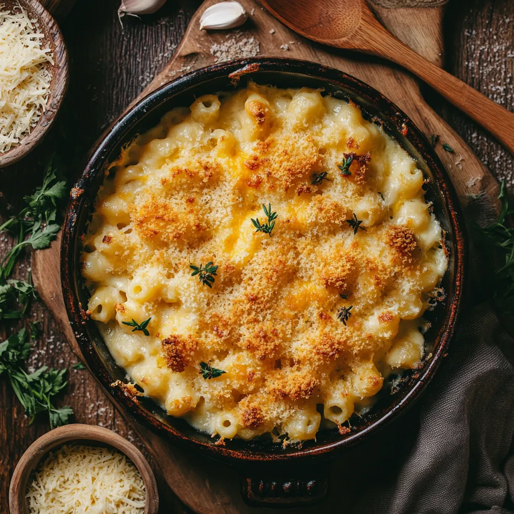 Freshly baked Tini’s mac and cheese with golden crust.