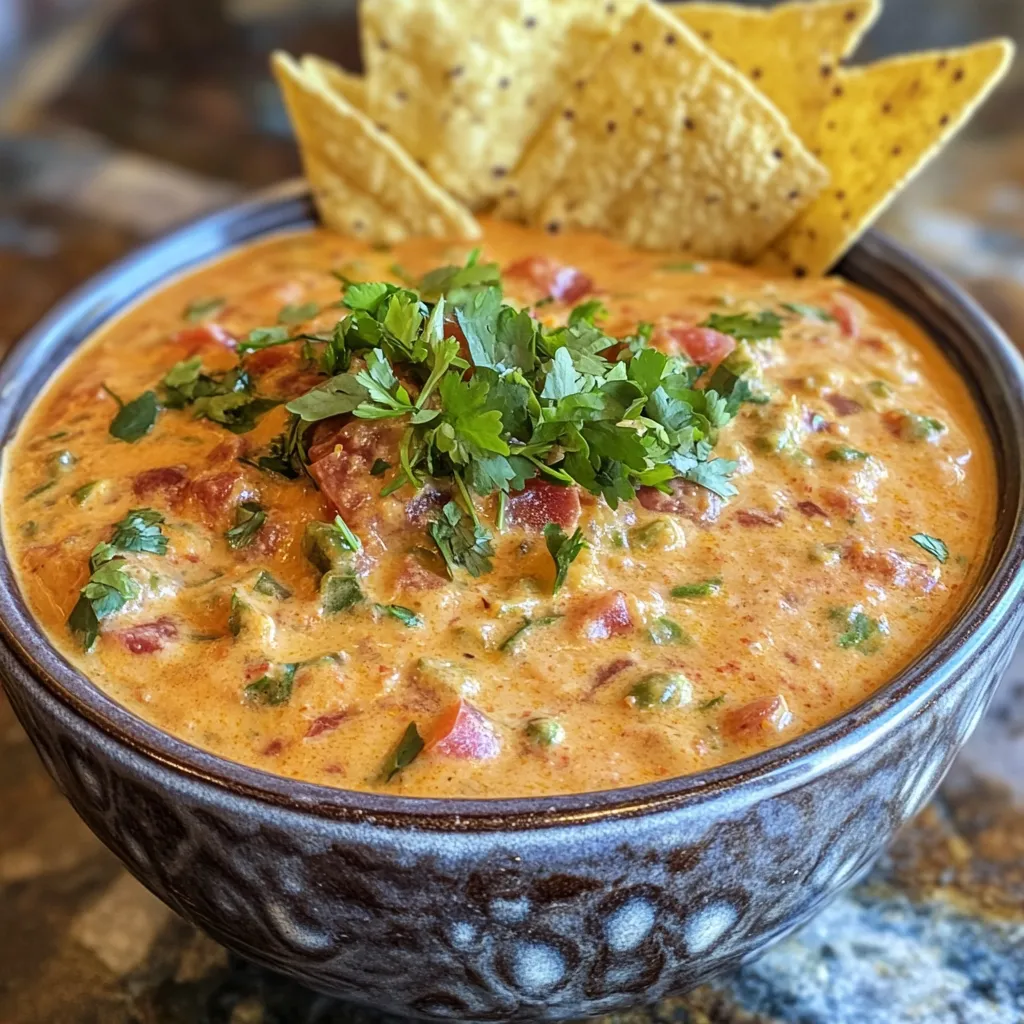 Bowl of Rotel dip with tortilla chips on a wooden table