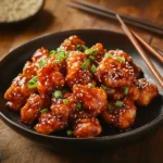 Crispy Empress Chicken with sticky sauce and sesame seeds