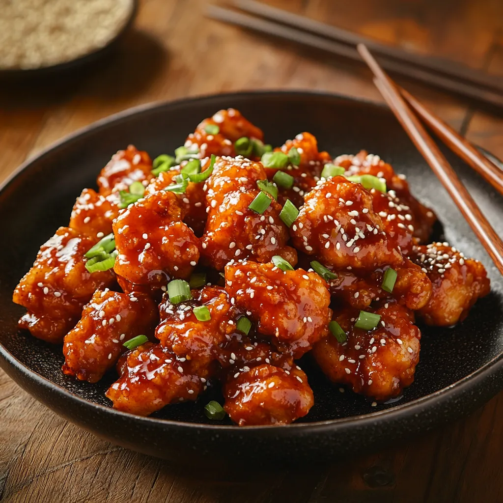 Crispy Empress Chicken with sticky sauce and sesame seeds