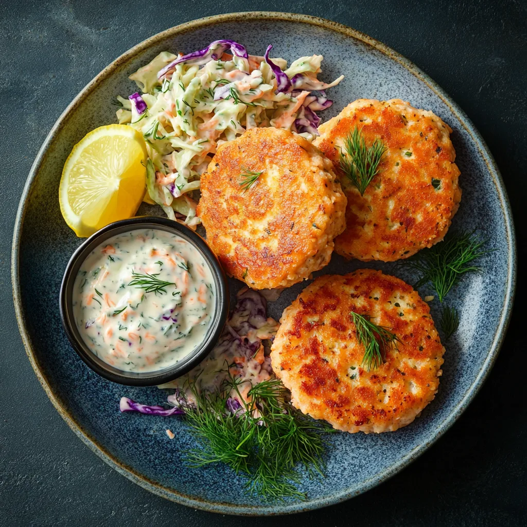 Salmon cakes served with coleslaw and tartar sauce