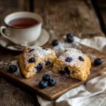 Blueberry sourdough scones on a wooden board with tea