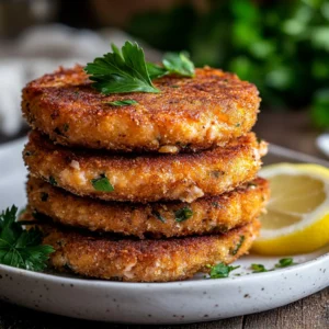 Crispy salmon cakes on a plate with lemon and parsley