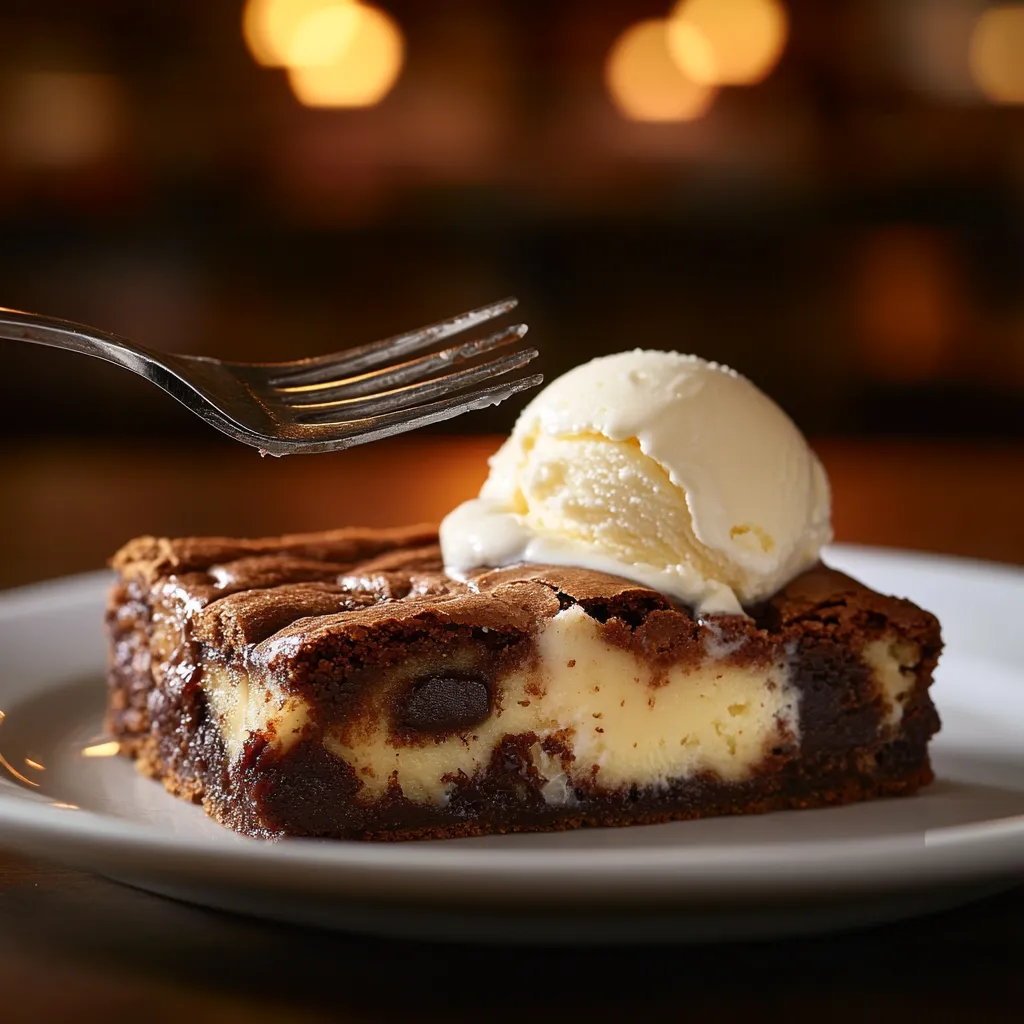 A brookie bar with vanilla ice cream on a white plate