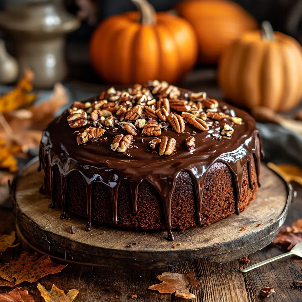 Moist pumpkin chocolate cake with ganache and pecans on a wooden table