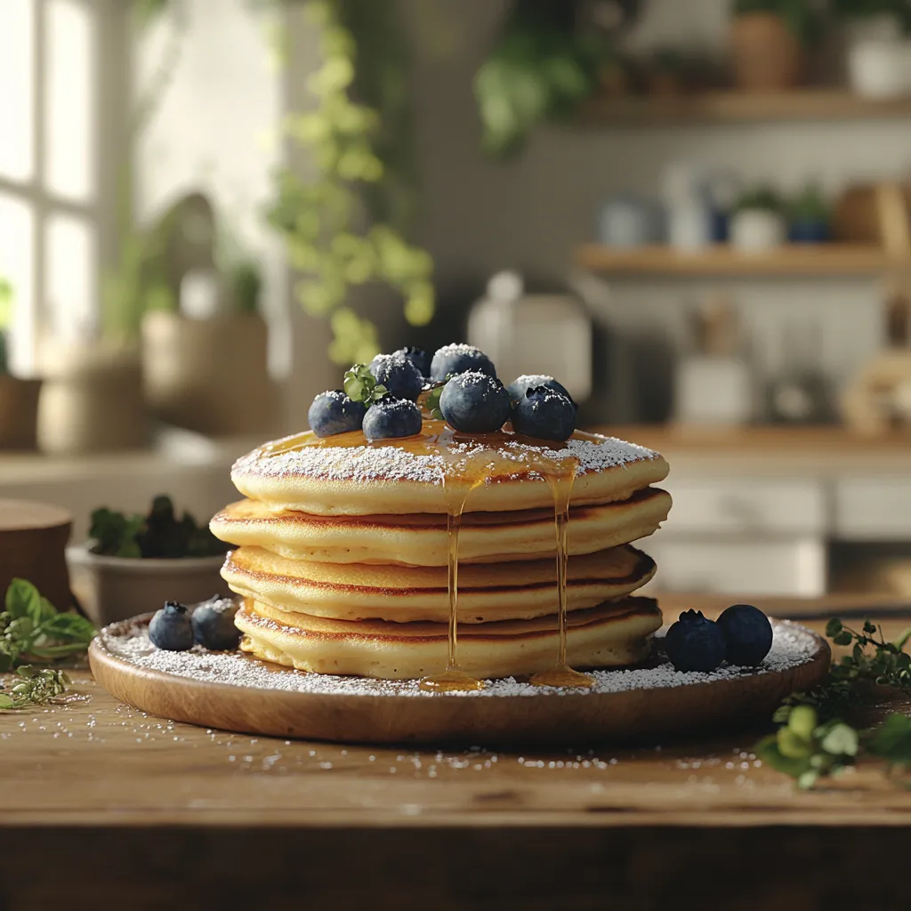 Fluffy ricotta pancakes with blueberries and honey