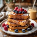 Stack of Vegan Egg French Toast topped with berries and syrup